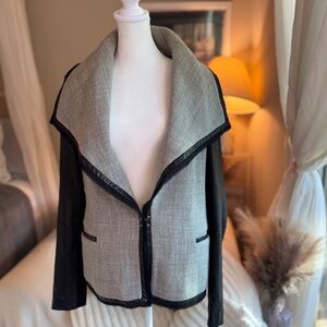 Vince Black& Gray Women's Boucle Moto jacket with leather sleeves, shawl collar.